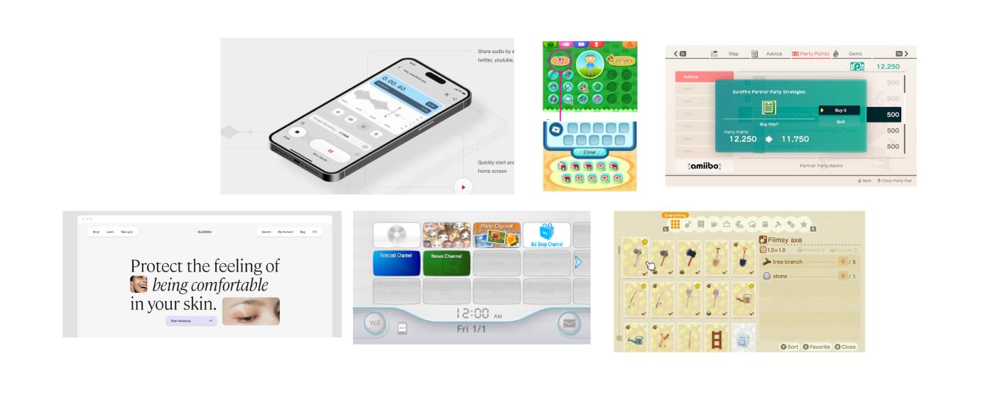 moodboard with screenshots of game UI and sites