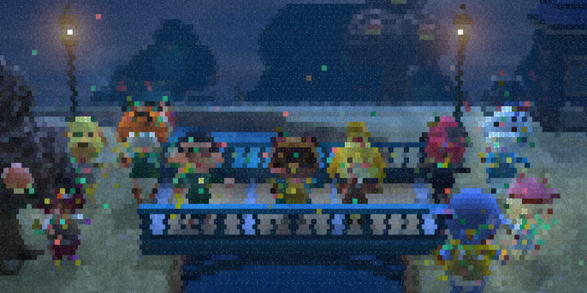 pixelated animal crossing characters standing on a bridge, celebrating