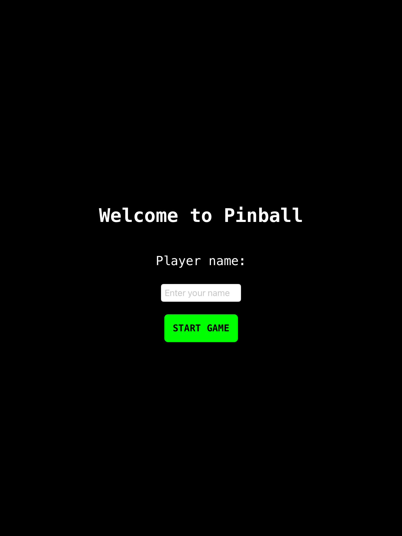 pinball game start screen with name input